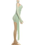Kliou – Mini robe en maille Simple pour femmes, mode, couleur unie, sans bretelles, rubans, pompon, façonnant le corps, gants à manches longues