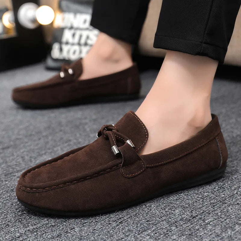 Mocassins en daim bleu pour hommes, chaussures de conduite plates respirantes, mocassins souples à enfiler, chaussures décontractées en cuir faites à la main, printemps et été