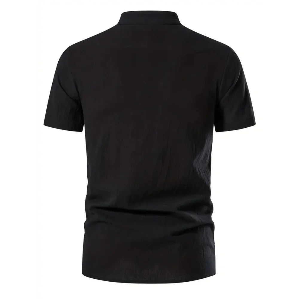 Chemise rétro à manches courtes pour hommes, en coton et lin, légère, respirante, couleur unie, hauts à la mode, col en v Pirate, chemises élégantes pour hommes
