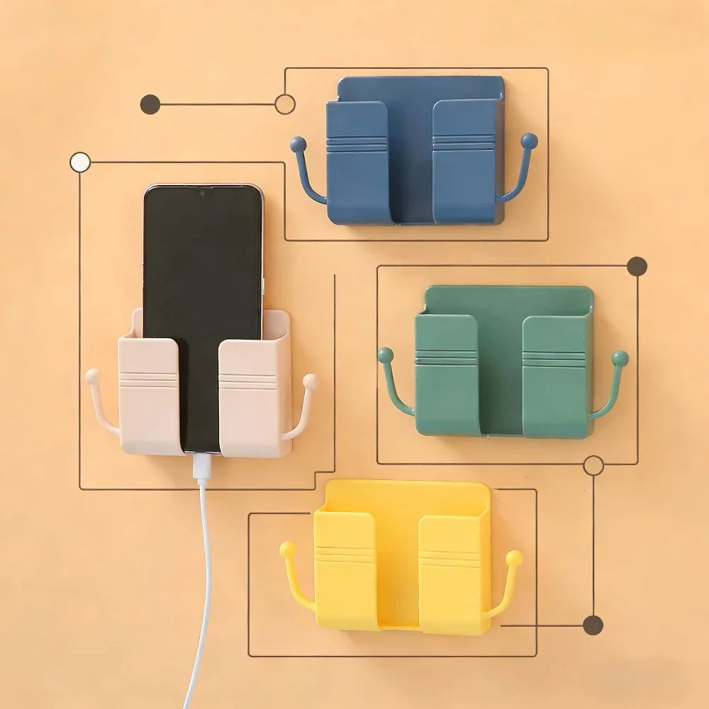 Support mural adhésif pour téléphone avec crochets, boîte de rangement pour téléphone portable, télécommande, boîte de rangement pour chambre à coucher, outils de cuisine