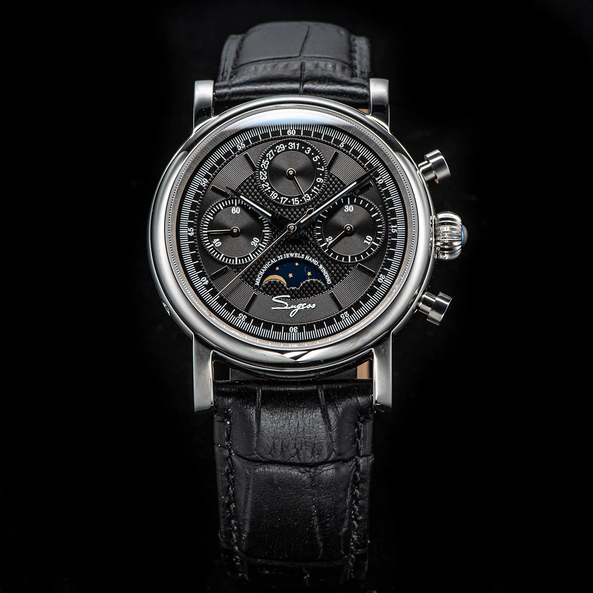 Sugess – montre-bracelet pour hommes, ST1908, mouvement à col de cygne, chronographe mécanique, véritable calendrier de phase de lune, cuir Vintage, nouveau 2026