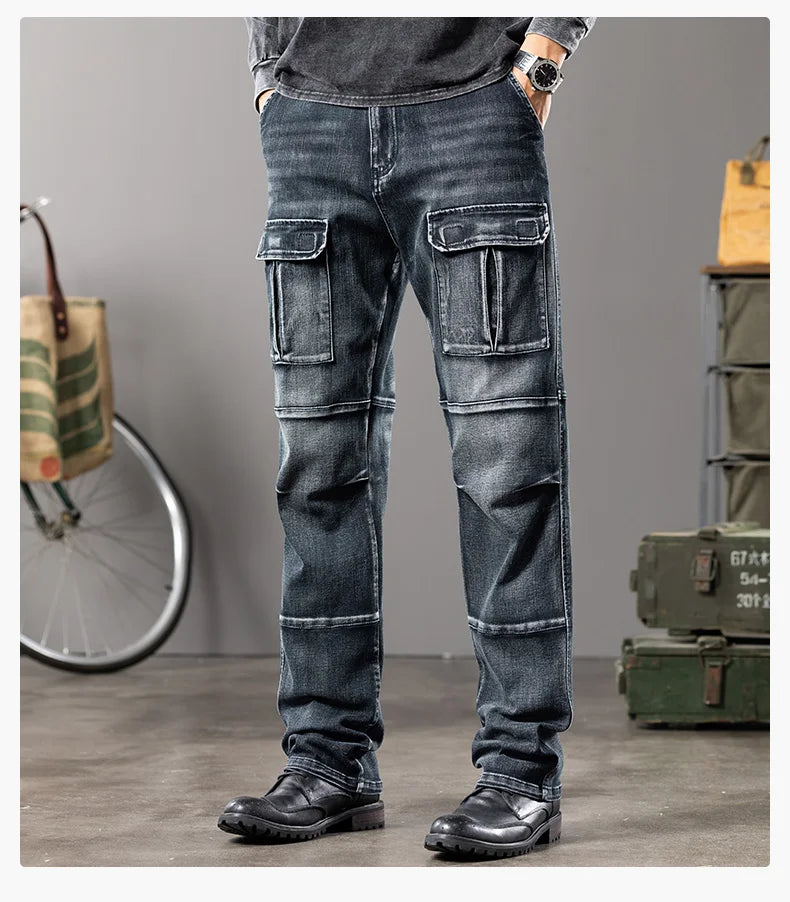 Jeans multi-poches coupe droite pour hommes, vêtements de travail à jambes larges en plein air, grande taille, 42, 44, nouveaux styles, automne et hiver