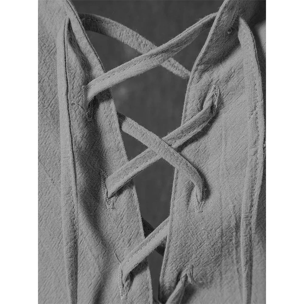 Chemise rétro à manches courtes pour hommes, en coton et lin, légère, respirante, couleur unie, hauts à la mode, col en v Pirate, chemises élégantes pour hommes