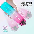Bouteille d'eau de sport 1L avec paille, marqueur de temps, dégradé de couleur, bouteille de motivation, étanche, tasse d'eau potable pour étudiant en plein air