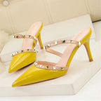 Mode Rivet sans lacet femmes pantoufles nouvel été bout pointu talons hauts chaussures fête en cuir verni creux Sexy femme sandale robe