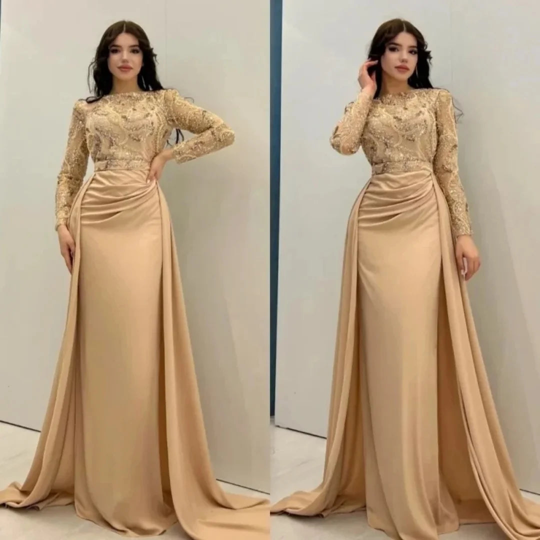 Robe de danse en satin à manches longues pour occasions formelles, châle sirène, traînant le sol, robe de soirée exquise, 2026