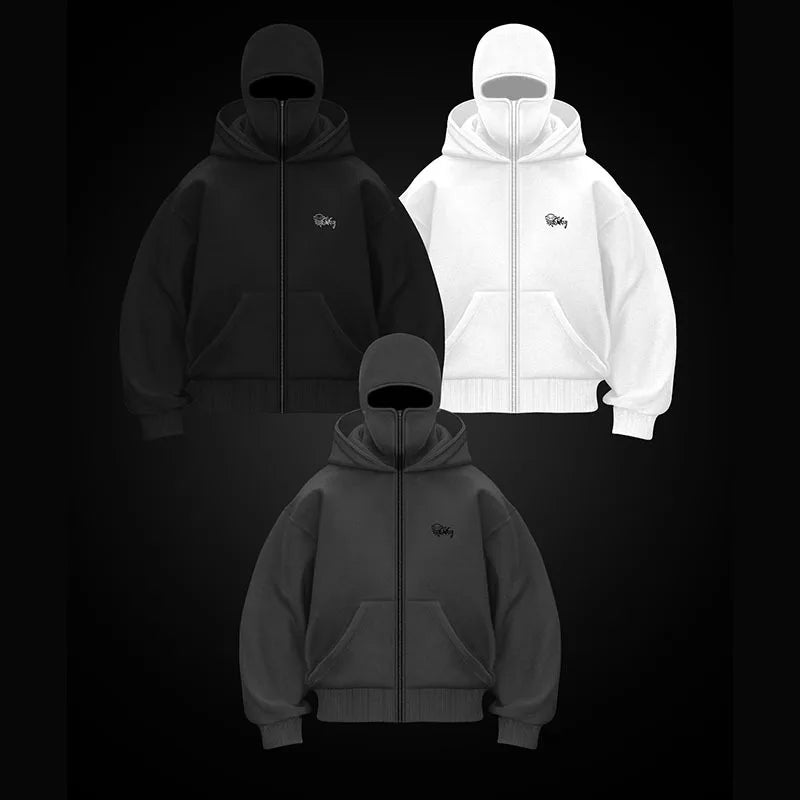 Cagoule pour hommes, sweat à capuche zippé, chaud et décontracté, avec masque facial à capuche, conception à fermeture éclair, veste de sport, activités de plein air, hiver