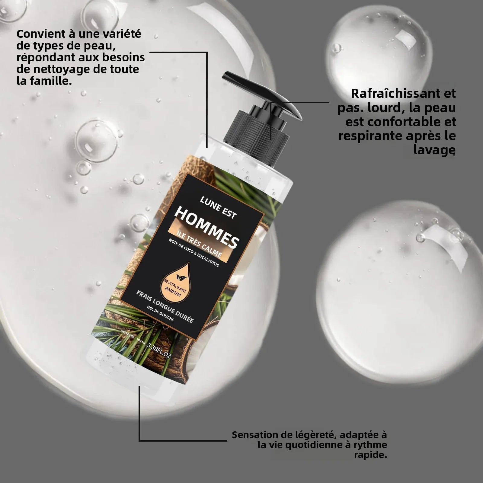 Gel douche nettoyant en profondeur pour hommes, Eucalyptus, noix de coco, parfum rafraîchissant, parfum longue durée, contrôle de l'huile, 100ml
