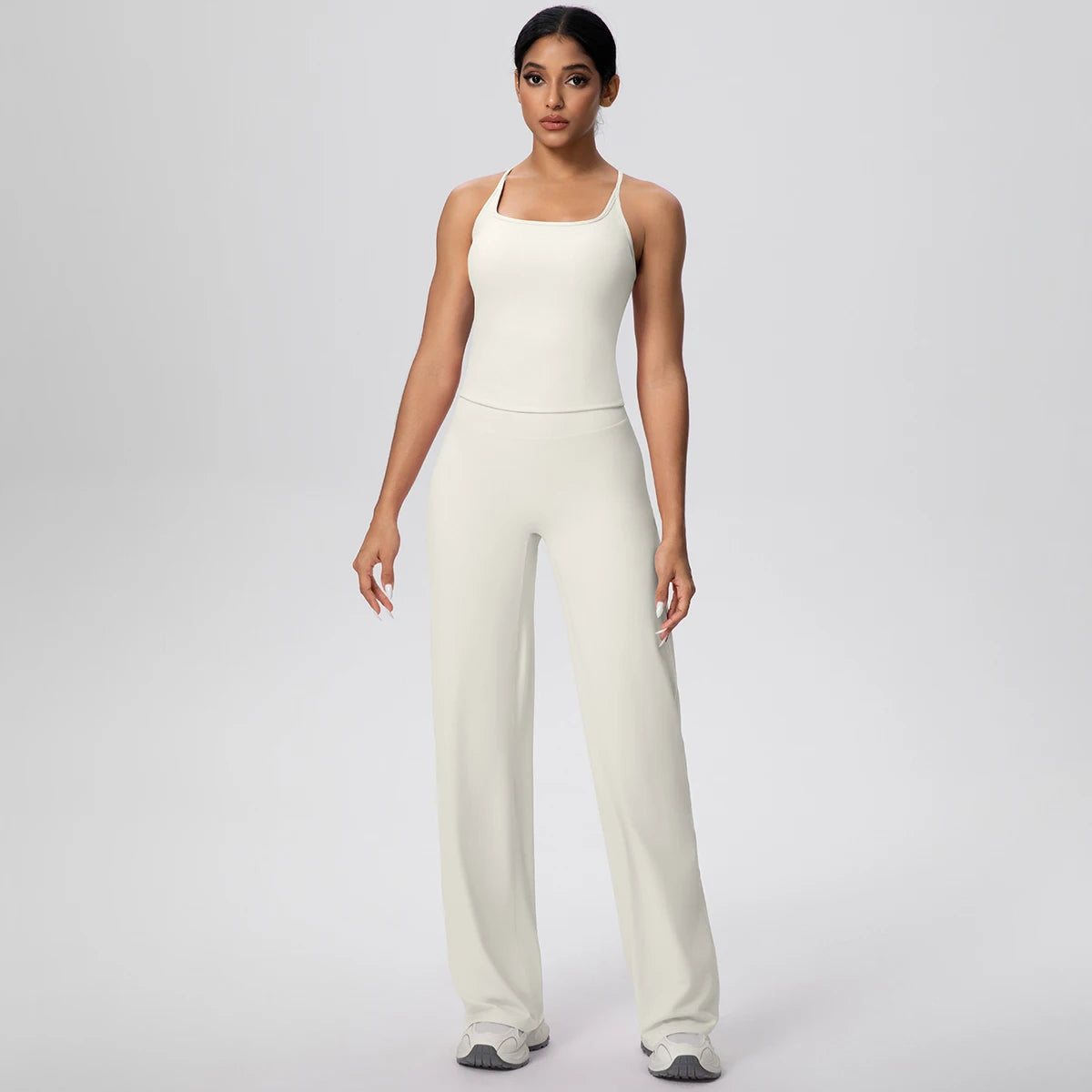 Ensemble de sport et Yoga pour femmes, 2 pièces, couleur unie, Slim, décontracté, gilet en forme de I avec coussinet de poitrine, séchage rapide, taille haute, pleine longueur