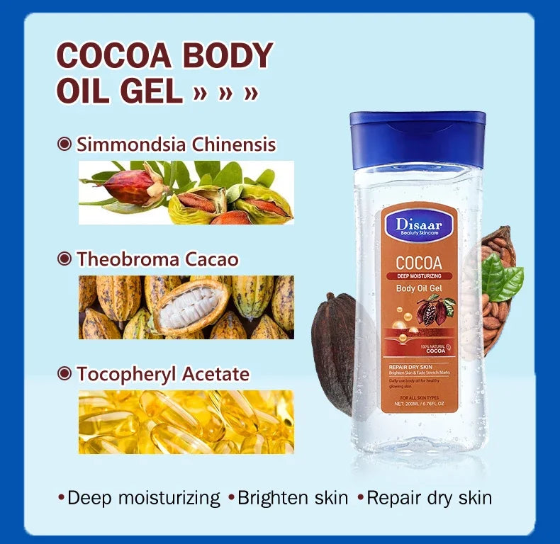 Disaar-Huile essentielle à la vitamine C pour peau lisse, 200ml, extrait d'e Vera, anti-rides, hydratant, soins de la peau aux haricots de cacao