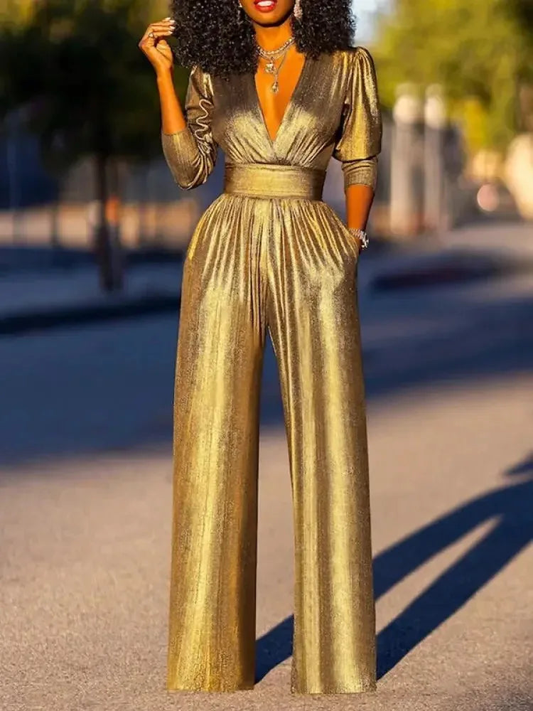 Uoozee – combinaison Sexy à col en v profond, taille haute, jambes larges, manches longues, couleur unie, tenues de fête amples, nouvelle collection 2026