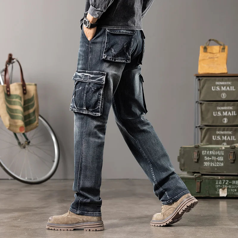 Jeans multi-poches coupe droite pour hommes, vêtements de travail à jambes larges en plein air, grande taille, 42, 44, nouveaux styles, automne et hiver
