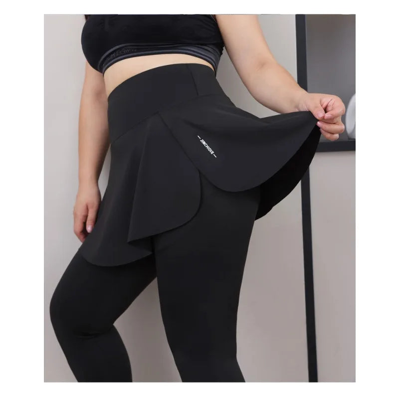Leggings de Yoga faux deux articles, grande taille, 200lb, avec poches, jupe taille haute en peau de requin, pantalon d'entraînement, collants Slim