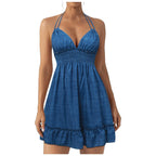 Robe de plage en V profond pour femmes, dos nu, sexy, dos nu, forme trapèze, mini robes à volants, couleur unie, vacances, été, 2026