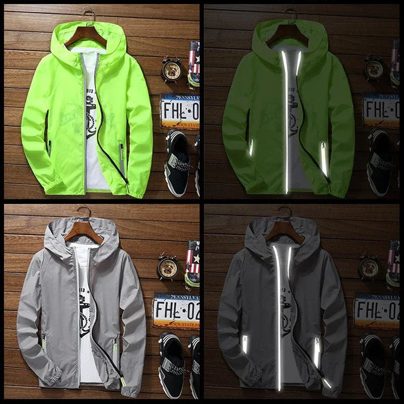 Veste fine réfléchissante de film pour hommes, coupe-vent à capuche, veste de sport de pilote, veste de pilote de vélo de plage
