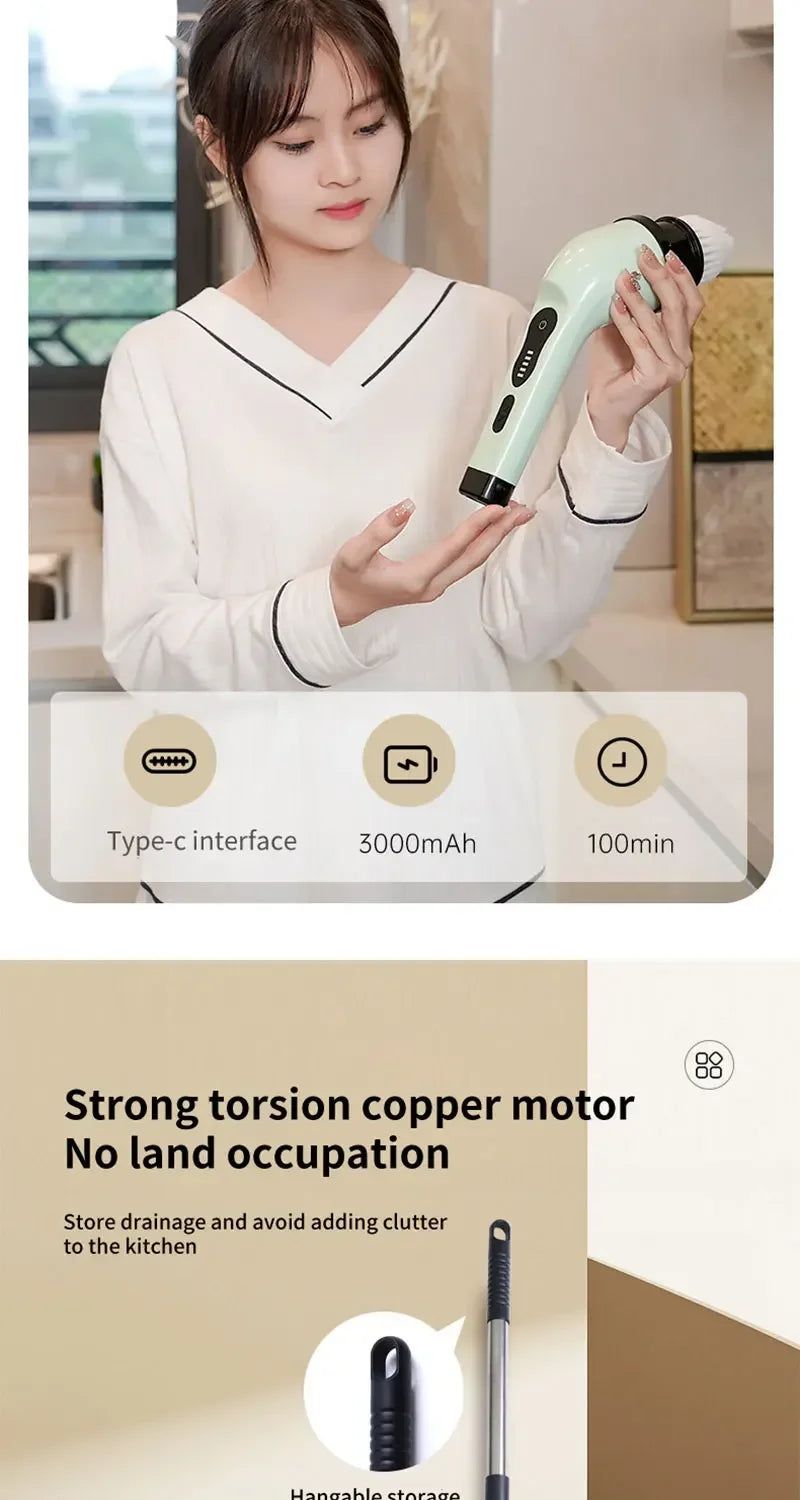 Épurateur électrique 9 en 1, brosse de nettoyage sans fil, douche, poignée d'extension réglable, étanche pour baignoire, carrelage et sol