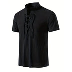 Chemise rétro à manches courtes pour hommes, en coton et lin, légère, respirante, couleur unie, hauts à la mode, col en v Pirate, chemises élégantes pour hommes