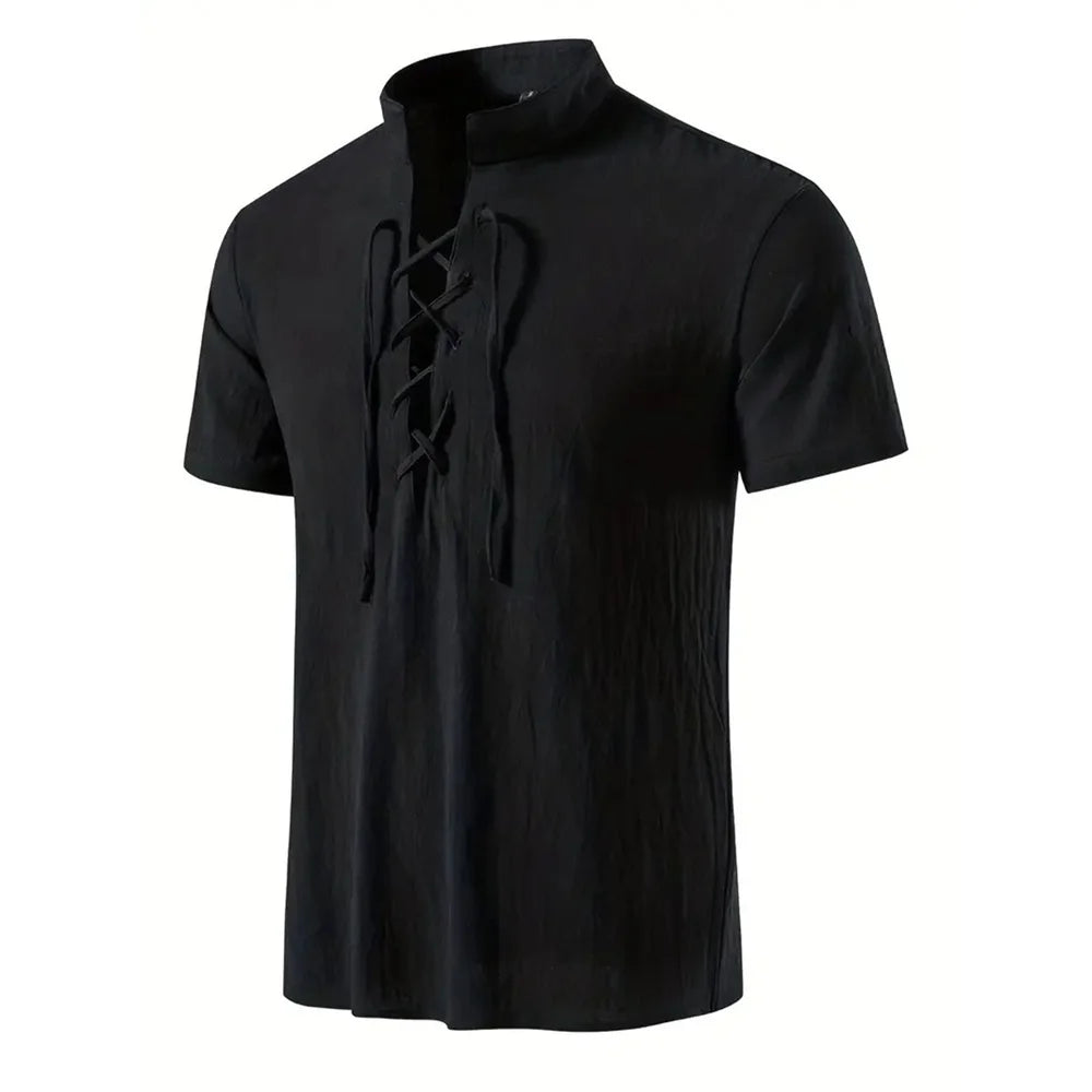 Chemise rétro à manches courtes pour hommes, en coton et lin, légère, respirante, couleur unie, hauts à la mode, col en v Pirate, chemises élégantes pour hommes