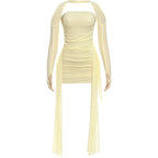 Kliou – Mini robe en maille Simple pour femmes, mode, couleur unie, sans bretelles, rubans, pompon, façonnant le corps, gants à manches longues