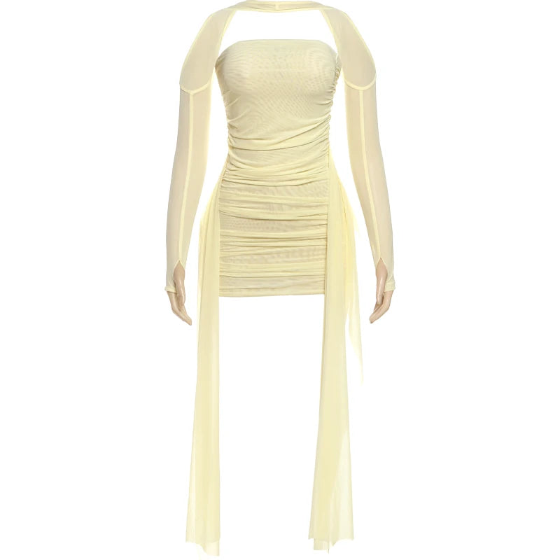 Kliou – Mini robe en maille Simple pour femmes, mode, couleur unie, sans bretelles, rubans, pompon, façonnant le corps, gants à manches longues