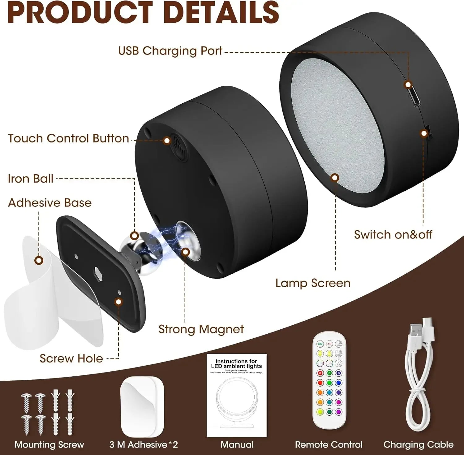 Applique murale LED magnétique, lumières magnétiques à intensité variable, 360 °   Lampe de nuit de projecteur d'armoire de télécommande tactile de rotation