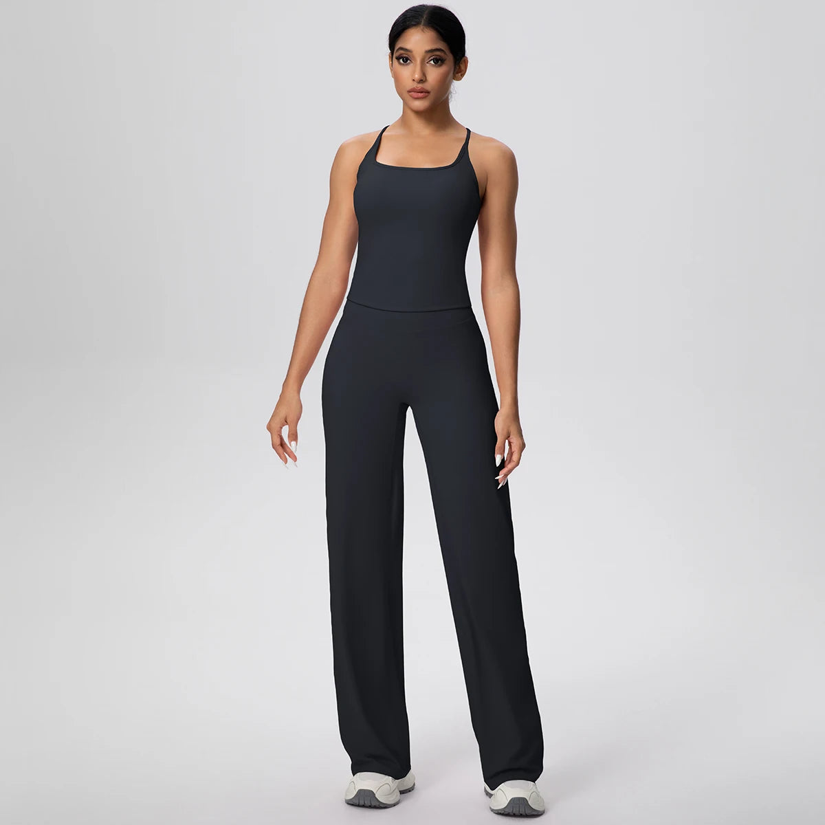 2 pièces/ensemble sport Fitness vêtements Yoga ensemble femme dos nu absorbant les chocs course en forme de I gilet mince jambe large pantalon Yoga ensemble
