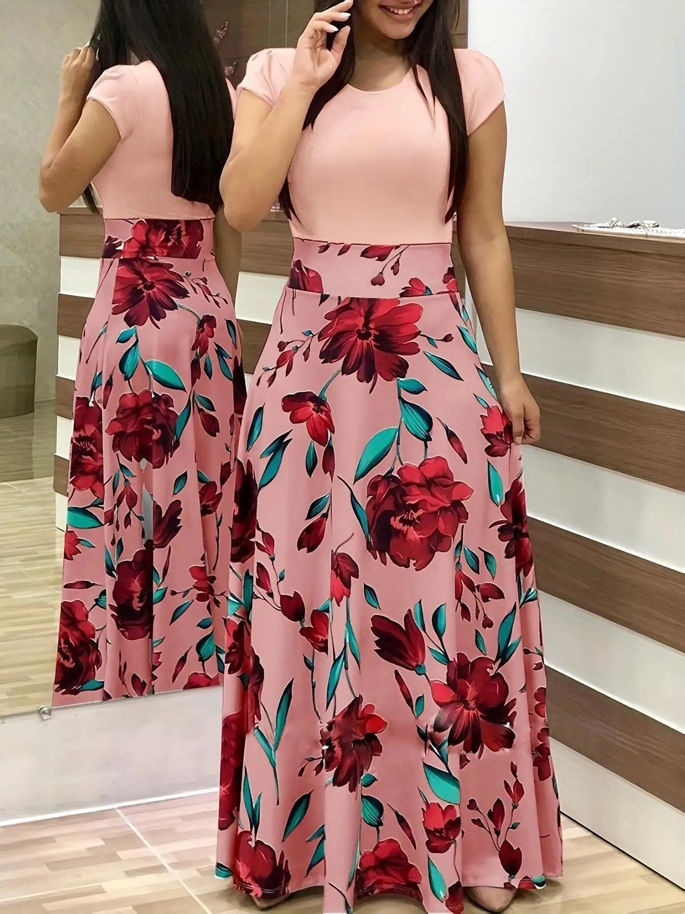 Robe à manches courtes pour femmes, style européen et américain, imprimé floral, couleur assortie, grande jupe trapèze, 2024