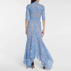 Robe en dentelle bleue mature légère, robe irrégulière, coupe haute et basse, longue, à la mode