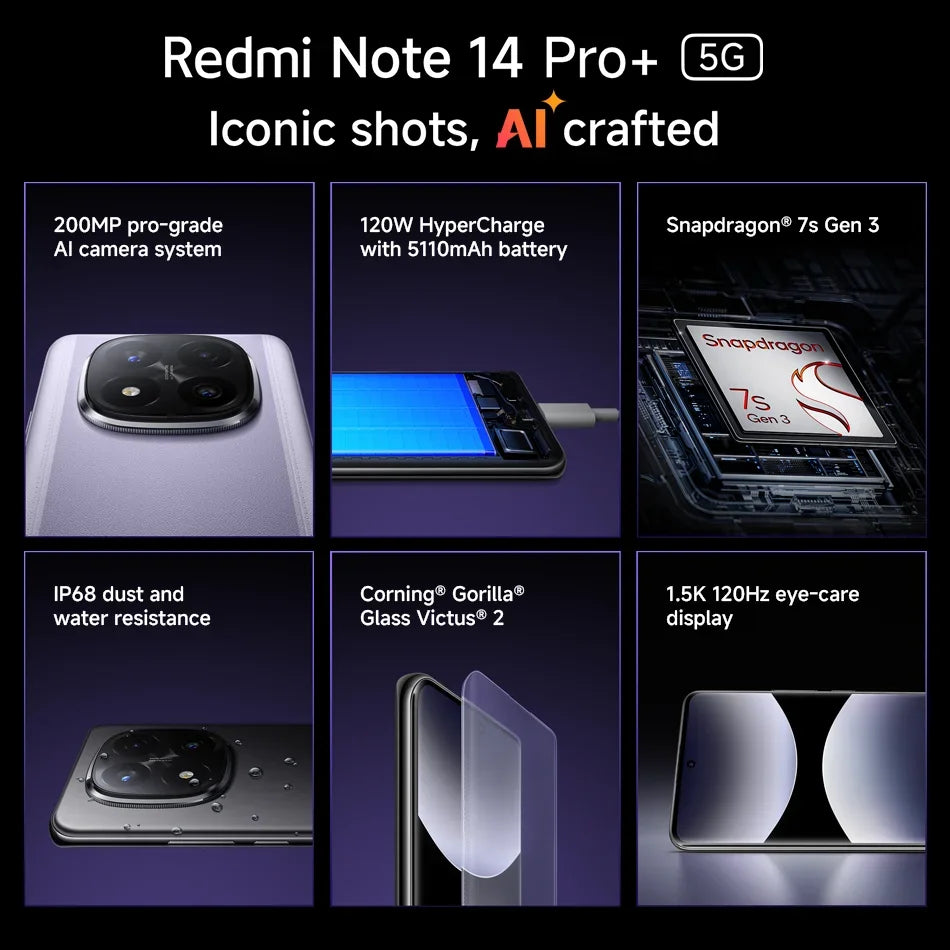 Xiaomi Redmi Note 14 Pro + Plus 5G Version mondiale téléphone portable 200MP AI caméra Snapdragon 7s Gen 3 120W HyperCharge 1.5K 120Hz IP68