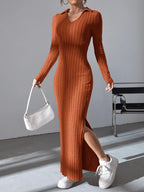 Robe sexy en tricot pour femmes, col en v, col inversé, fendue, manches longues, élastique, pull basique, automne hiver