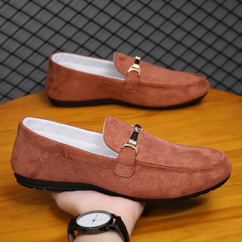 Mocassins en daim bleu pour hommes, chaussures de conduite plates respirantes, mocassins souples à enfiler, chaussures décontractées en cuir faites à la main, printemps et été
