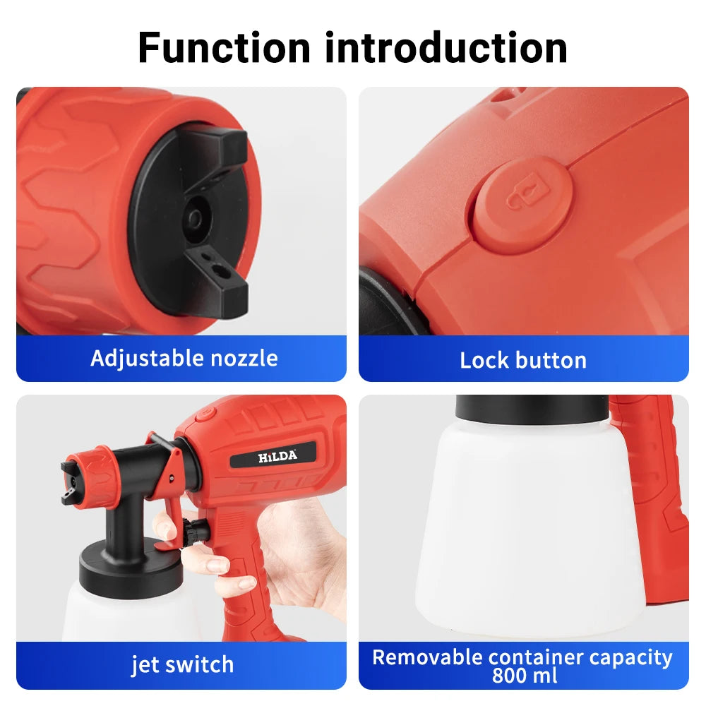 HILDA-Pistolet de Pulvérisation Électrique Rouge de 800ml, Pulvérisateur de Peinture, Outil de Haute Puissance, pour Camion Domestique