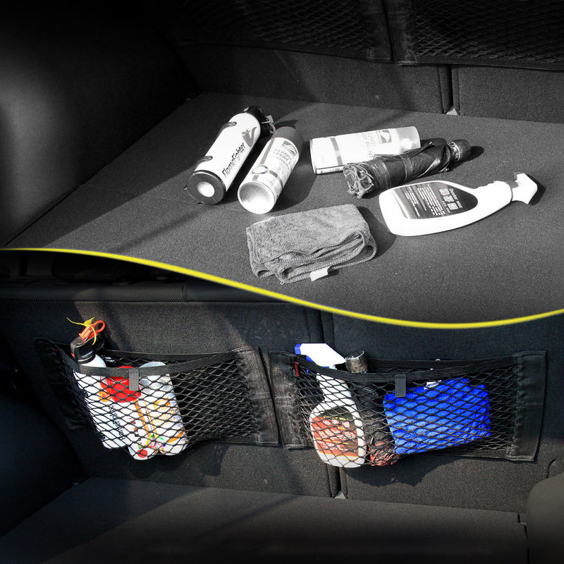 Filet de rangement pour coffre arrière de voiture, filet en maille pour siège, corde élastique, autocollant magique, sac de rangement universel, organisateur de poche pour voiture