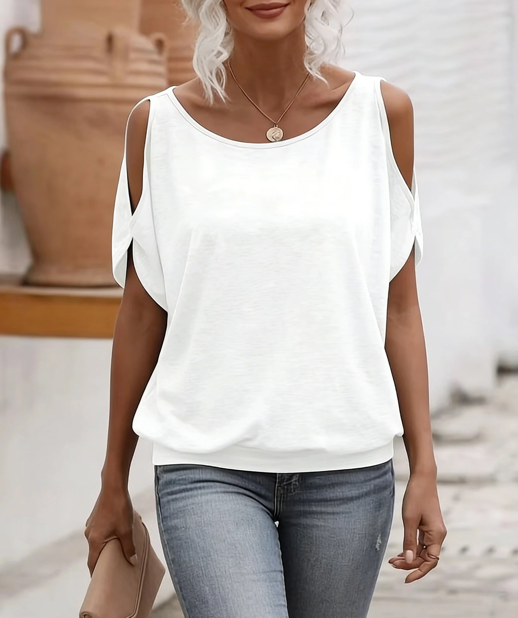 T-shirt pour femme à épaules dénudées, manches courtes, en maille douce unie, coupe ample, décontracté, chic, respirant, pour le quotidien, printemps-été