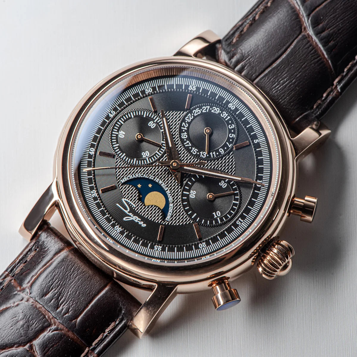 Sugess – montre-bracelet pour hommes, ST1908, mouvement à col de cygne, chronographe mécanique, véritable calendrier de phase de lune, cuir Vintage, nouveau 2026