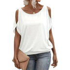 T-shirt pour femme à épaules dénudées, manches courtes, en maille douce unie, coupe ample, décontracté, chic, respirant, pour le quotidien, printemps-été