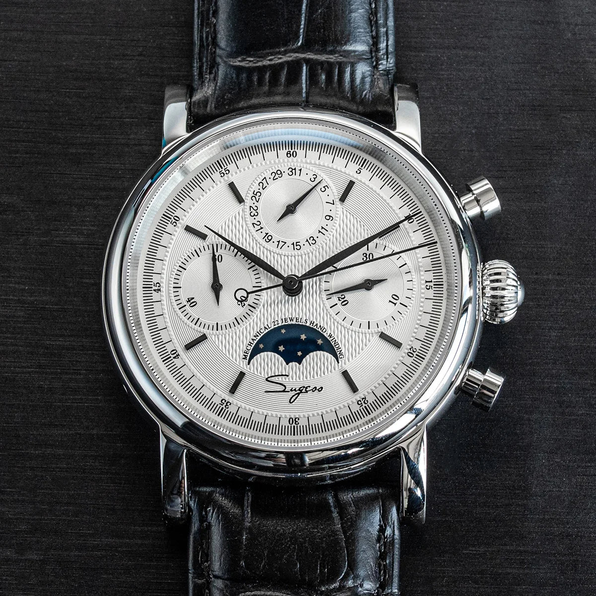 Sugess – montre-bracelet pour hommes, ST1908, mouvement à col de cygne, chronographe mécanique, véritable calendrier de phase de lune, cuir Vintage, nouveau 2026