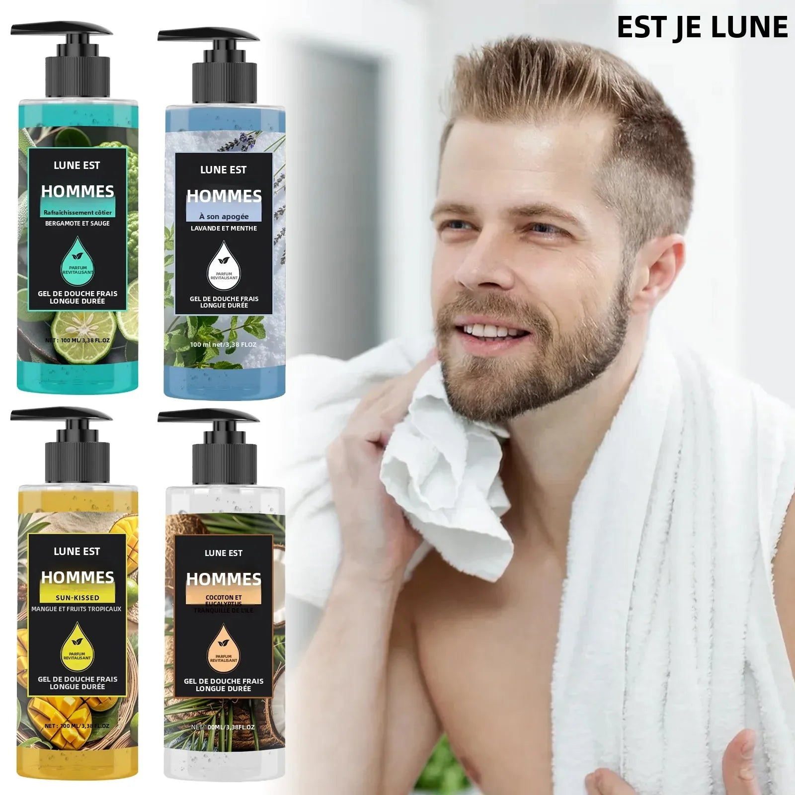 Gel douche nettoyant en profondeur pour hommes, Eucalyptus, noix de coco, parfum rafraîchissant, parfum longue durée, contrôle de l'huile, 100ml
