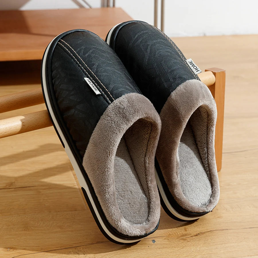 Grande taille hiver décontracté chaussons pour hommes intérieur imperméable en cuir PU maison chaussures fourrure plat chaud mode chambre Houseshoes