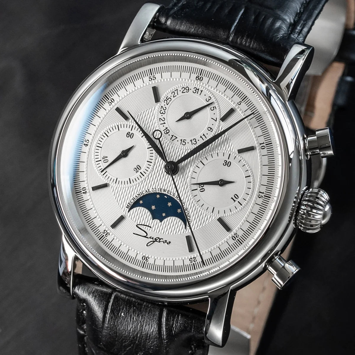 Sugess – montre-bracelet pour hommes, ST1908, mouvement à col de cygne, chronographe mécanique, véritable calendrier de phase de lune, cuir Vintage, nouveau 2026