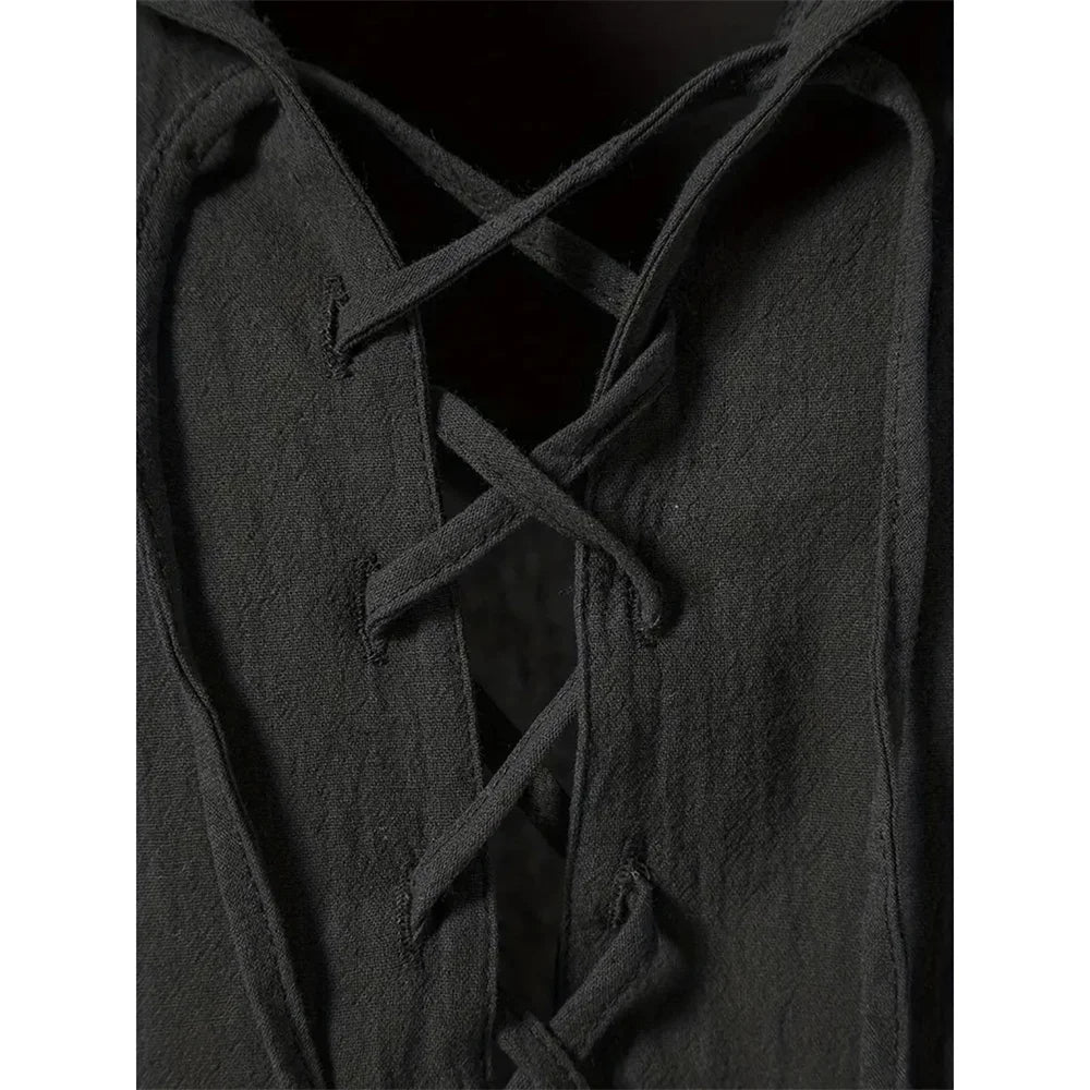 Chemise rétro à manches courtes pour hommes, en coton et lin, légère, respirante, couleur unie, hauts à la mode, col en v Pirate, chemises élégantes pour hommes