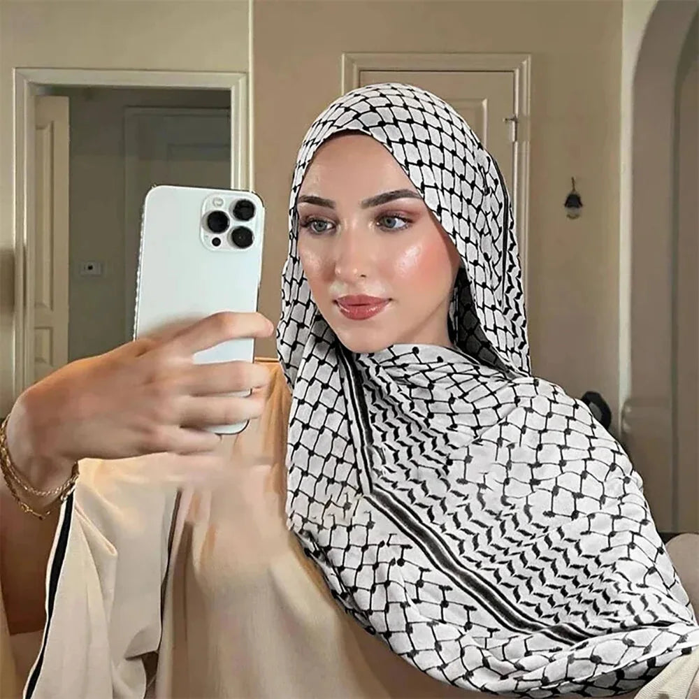 Châle Musulman en Mousseline de Soie Imprimé, Hijab Arabe du Moyen-Orient, Keffiyeh, Palestine, 180x70cm