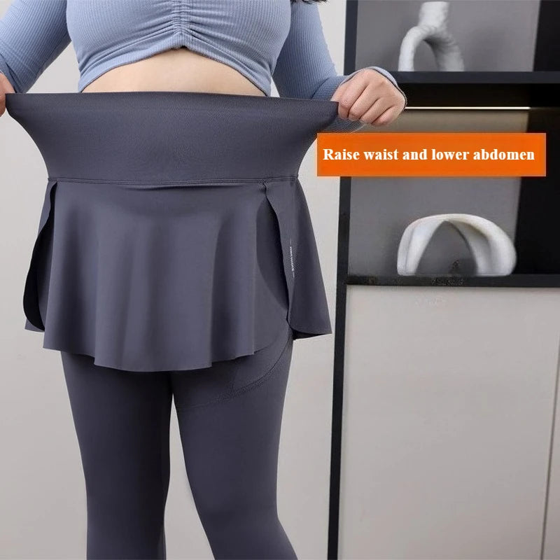 Leggings de Yoga faux deux articles, grande taille, 200lb, avec poches, jupe taille haute en peau de requin, pantalon d'entraînement, collants Slim