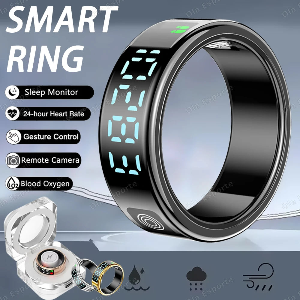 SR08 anneau intelligent avec boîte de chargement pour hommes femmes écran d'affichage LED contrôle des gestes moniteur de santé 5ATM anneaux de sport étanches