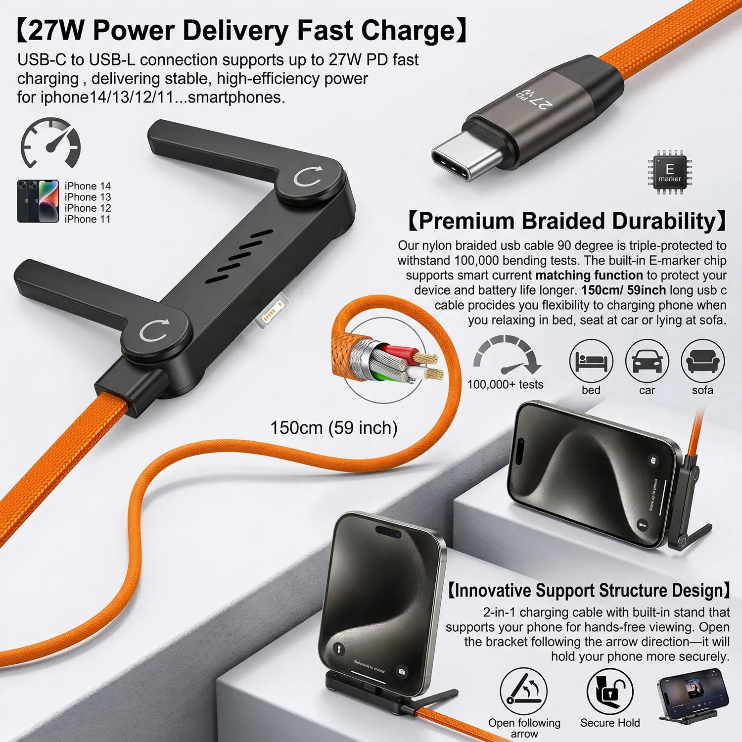 Câble USB Type C vers iOS 2-en-1 avec support de charge rapide pour iPhone 14, 13, 12, 11 et séries SE – Câbles USB-C coudés pour transfert de données