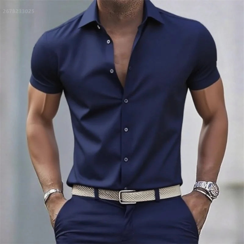 Chemise décontractée pour hommes de couleur unie, tissu extensible à manches courtes décontracté à la mode, chemise formelle d'affaires, tissu confortable
