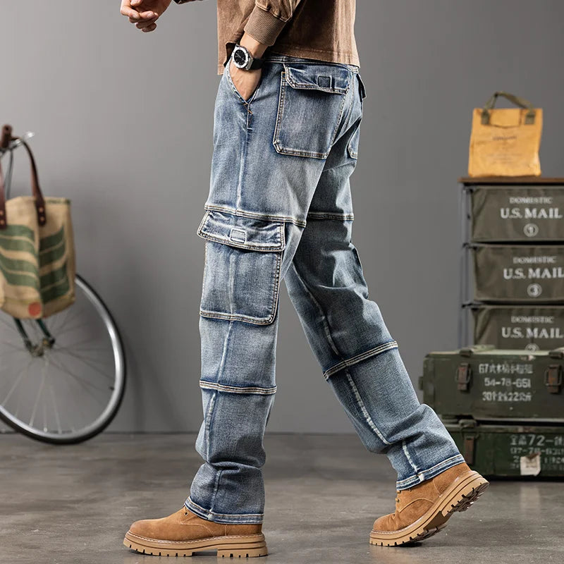 Jeans multi-poches coupe droite pour hommes, vêtements de travail à jambes larges en plein air, grande taille, 42, 44, nouveaux styles, automne et hiver