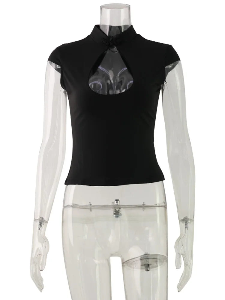 Ahagaga Fashion T-shirt d'été polyvalent pour femme, style club, avec découpe à la poitrine, manches courtes, effet taille cintrée, Y2k, sexy et décontracté