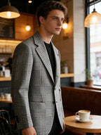 Blazer Homme Slim Fit en Mélange de Laine à Carreaux Pied-de-Poule, Veste Décontractée à Deux Boutons avec Revers Cranté, Idéal pour Tenues Professionnelles et Formelles