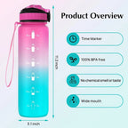 Bouteille d'eau de sport 1L avec paille, marqueur de temps, dégradé de couleur, bouteille de motivation, étanche, tasse d'eau potable pour étudiant en plein air